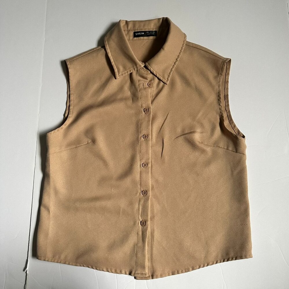 SHEIN Tan Sleeveless Collared Button Down Shirt, Size S, NWOT